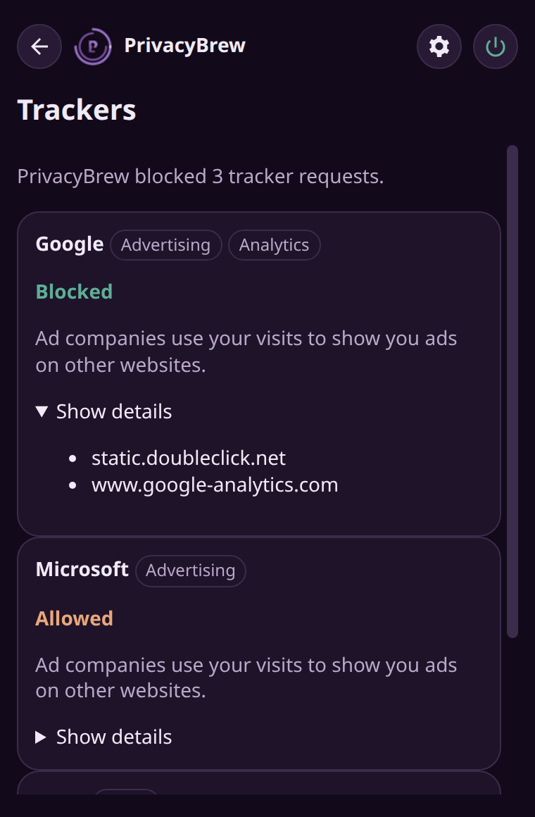 Trackers: each company, its category, and if PrivacyBrew blocked it.