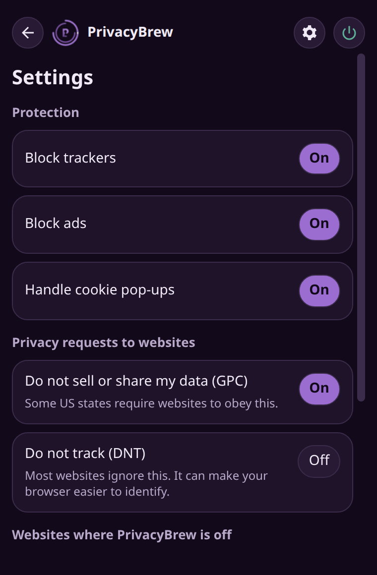 Settings: switches for trackers, ads, cookie pop-ups and privacy requests.