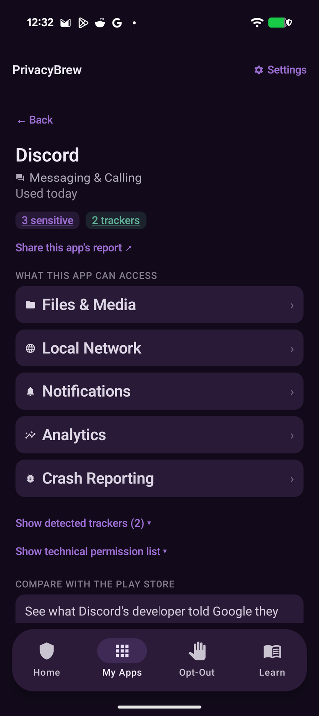 App detail screen showing access and unusual flags