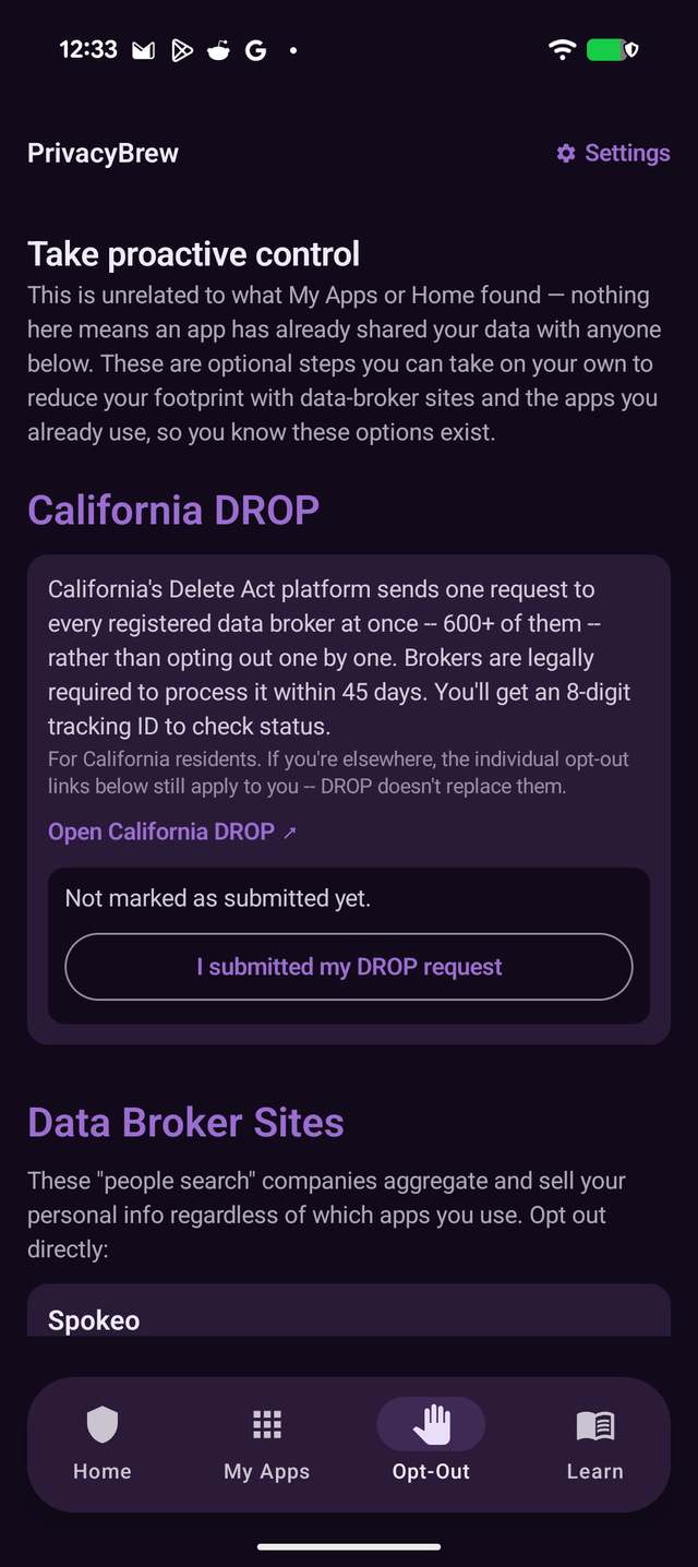 Opt-Out tab listing data broker sites